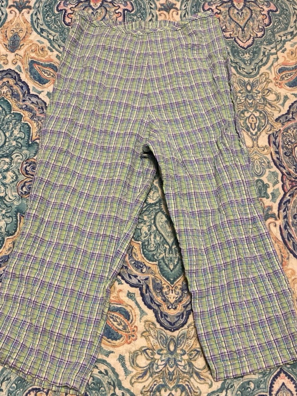 Green & Purple Plaid Wide-Leg Pants